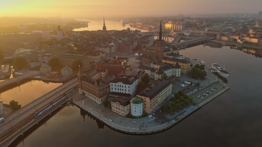 Aerial morning view of Gamla stan, Stockholm, Sweden. Stockholm at sunrise with stunning views of the architecture and waterways of old city