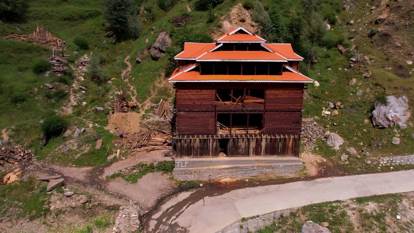 Classic multi-tiered cedar wood structure in Surgan Valley, reflecting old Kashmiri architecture. Sharda, Kashmir