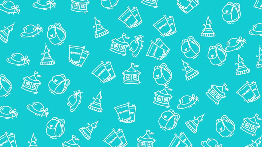 Doodle travel whimsical white drawings for vacation items with seamless animation on bright blue background suitable for travel video with vacation and holiday-themed projects