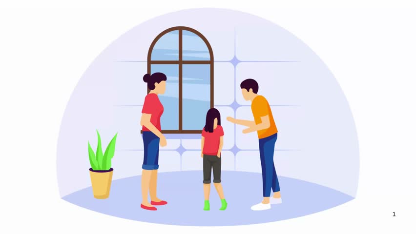 a family illustration showing parents supporting their child near a window in a home setting.