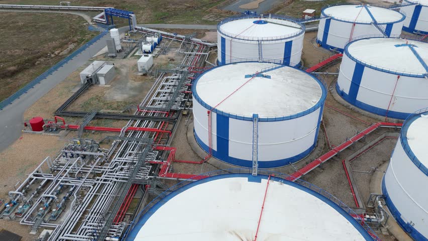 Aerial view of colossal white storage tanks with blue trim connected by red pipelines, a stark contrast against the network of silver pipes, Canvey Island, England, United Kingdom.