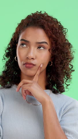 Woman, student and thinking on green screen with choice for future, college education and scholarship offer. Person, reflection or decision for university application, degree or curriculum options.