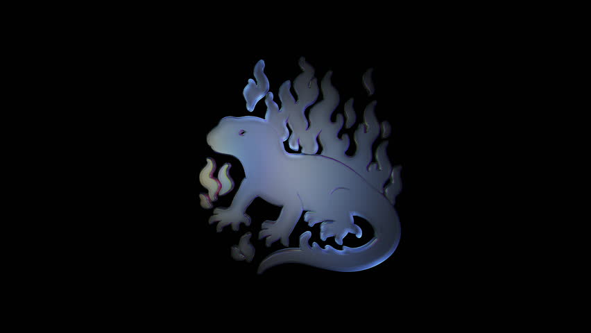 Glass like transparent gecko silhouette morphing through fiery abstract shapes, transforming with dynamic energy against stark black background