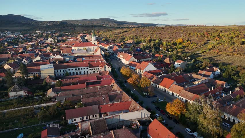 Aerial view of the Church in Modra town with its stunning architecture, standing out among the terracotta rooftops, Modra, Bratislava Region, Slovakia.