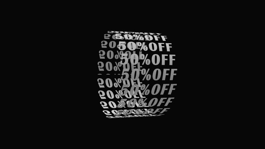 50% off sale. Loop 3d animation on black background. cyber Monday.