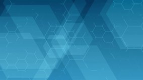 Loopable abstract blue background, digital network of interconnected honeycomb grid, overlapping translucent geometric hexagon shapes against deep blue gradient, science, medical, news, tech themes - Powered by Shutterstock - Get 15% off with code: PIKWIZARD15