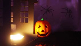 On a dark Halloween night, a haunted castle stands silhouetted against the moonlight. Flickering candles illuminate a carved pumpkin, adding to the eerie atmosphere. Shadows dance across the walls - Powered by Shutterstock - Get 15% off with code: PIKWIZARD15