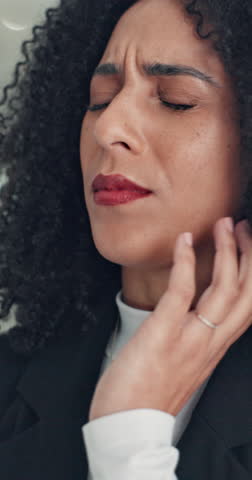 Toothache, pain and business woman in office for cavity, orthodontics crisis and tmj. Gum sensitivity, gingivitis and oral health inflammation with person in agency for infection and root canal issue