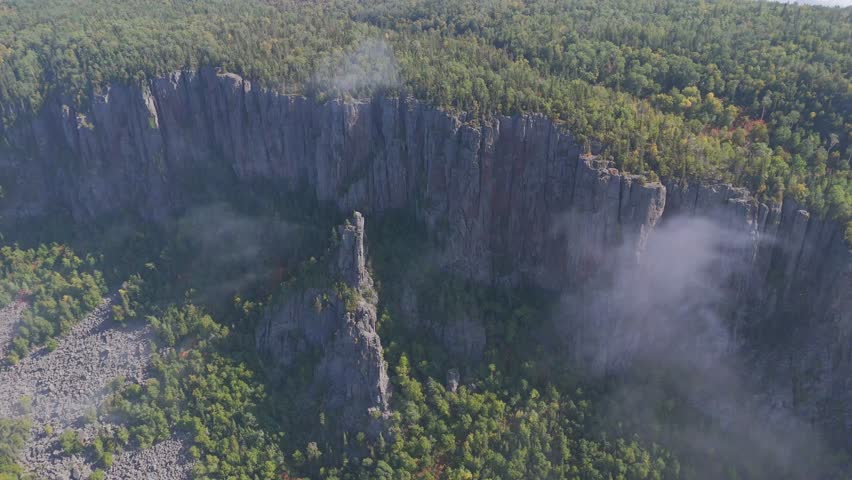 Aerial view showing natural vertical drop cliffs at Sleeping Giant Provincial Park