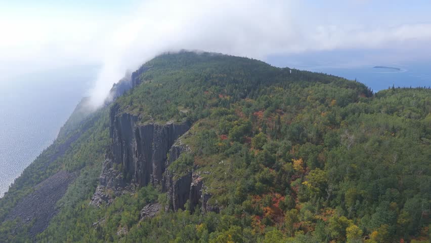 Aerial view of forest at Sleeping Giant Provincial Park, Ontario, Canada with forest showing early autumn colors