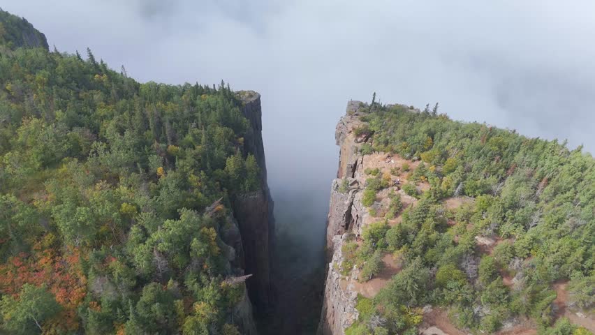 Aerial view of Sleeping Giant Provincial Park, Ontario Canada on a fog day