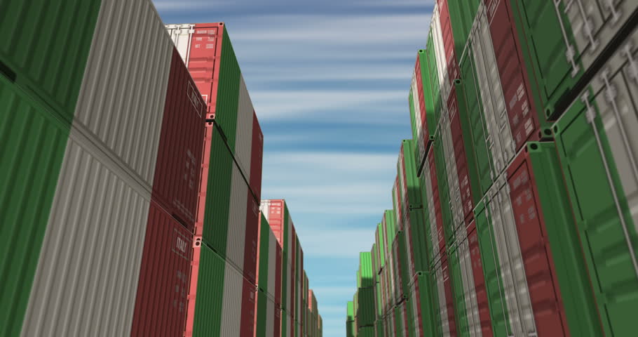 Italy export production and import cargo containers in row seamless and loopable business concept. Italian flag industrial shipping box 3d loop.