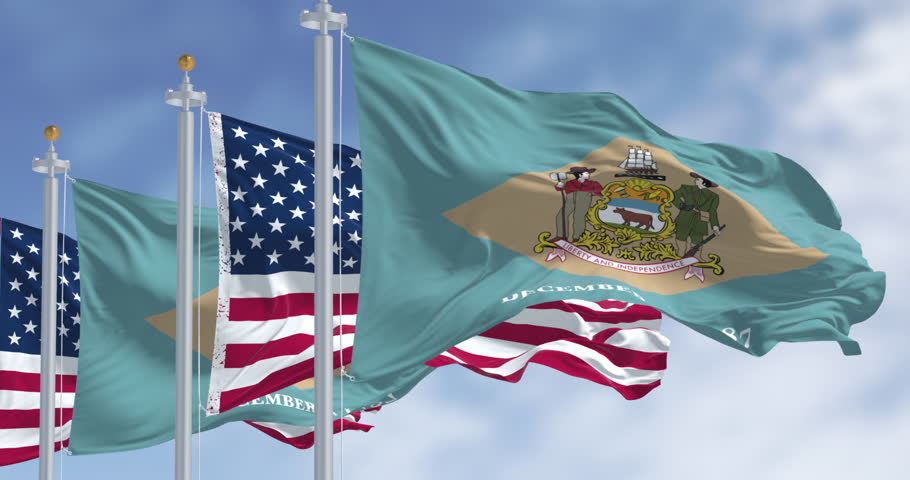 Delaware state flag waving with the national american flag. Seamless 3d render animation. Slow motion loop. Selective focus