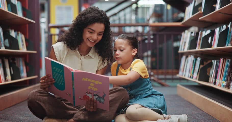Kid, woman and reading a book in library for language skills, academic support or literature lesson. Education, girl student and tutor with fantasy story at school for learning vocabulary or literacy