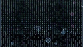 Dynamic Data Network Visualization Nodes, Circuits And Binary Matrix. A dark, digital scene showing a data network with glowing nodes, lines and a binary matrix background. Concept of data analytics - Powered by Shutterstock - Get 15% off with code: PIKWIZARD15