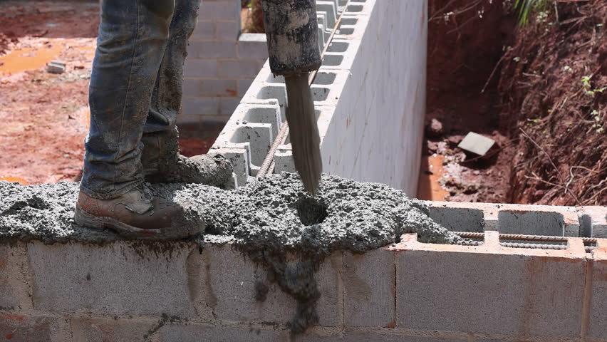 Construction worker fills blocks with concrete while building foundation using cement pump