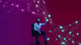 Modern ad video. Businessman in suit reaches out to touch network of connected data points. Concept of scientific discovery and innovation, modern data analytics, network. - Powered by Shutterstock - Get 15% off with code: PIKWIZARD15