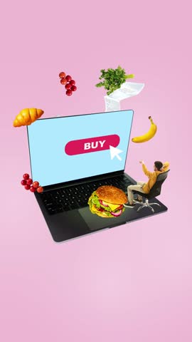 Promo video. Businessman with laptop surrounded by floating shopping carts and colorful bags. Concept of e-commerce, advertising design, groceries delivery promotions, and mobile shopping.