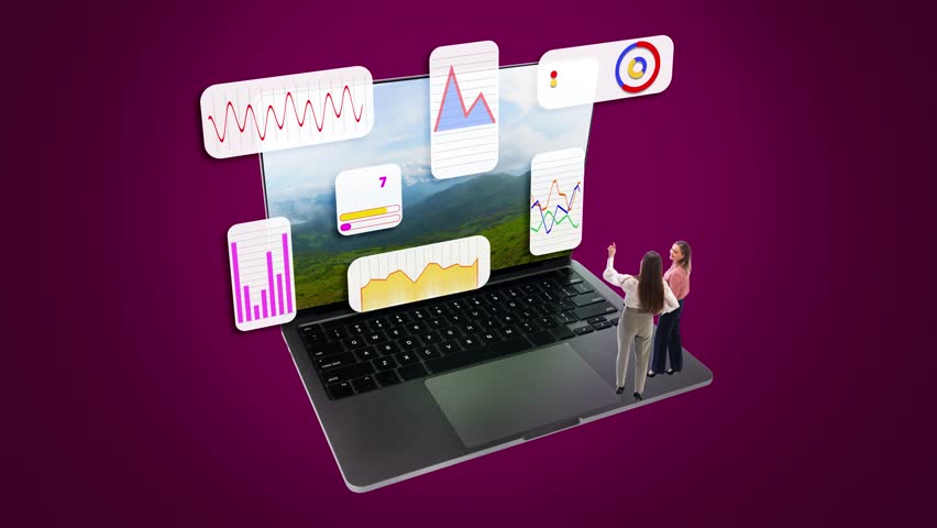 Ad template of two miniature businesswomen analyzing digital analytics dashboard on laptop. Concept of ads analysis, editorial creativity, e-commerce performance, mobile apps, and marketing campaigns. - Powered by Shutterstock - Get 15% off with code: PIKWIZARD15