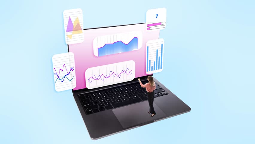 Loop animation. Woman standing by laptop with holographic business charts on blue background. Concept of data analysis, digital business, advertising strategy, editorial use, and mobile app design. - Powered by Shutterstock - Get 15% off with code: PIKWIZARD15