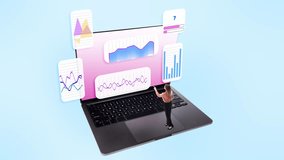 Loop animation. Woman standing by laptop with holographic business charts on blue background. Concept of data analysis, digital business, advertising strategy, editorial use, and mobile app design. - Powered by Shutterstock - Get 15% off with code: PIKWIZARD15