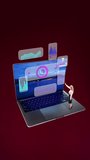 Modern ad video. Businesswoman presenting laptop with holographic analytics charts on red background. Concept of business presentation, data analysis, advertising design, and corporate reports. - Powered by Shutterstock - Get 15% off with code: PIKWIZARD15