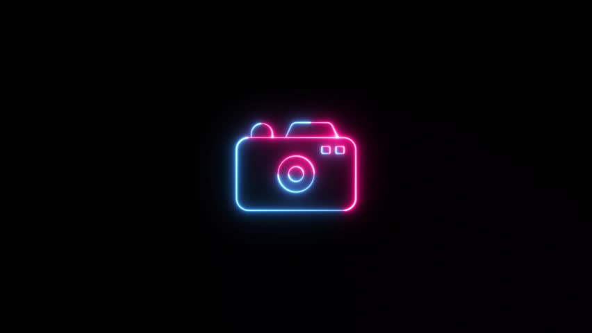 Glowing neon camera icon 4k video animation, recording, and film themes. camera frame pictogram photograph animated. Social media video camera icon video animation
