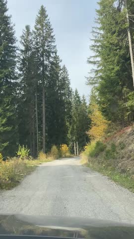 Driving on autumn rural road in Dolomites Italy under cloudy sky