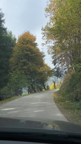 Driving on autumn rural road in Dolomites Italy under cloudy sky