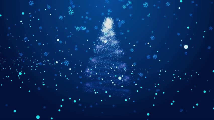 An enchanting and abstract Christmas tree made of sparkling light particles on a festive blue background with falling snow bokeh	