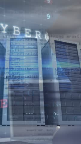 Animation of cyber attack warning and data processing over computer servers. global online security, data processing and cyber crime concept digitally generated video.