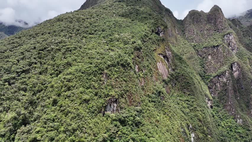 A dynamic shot rises vertically from lush greenery along the Urubamba River, soaring upwards to reveal the distinct, towering peak of Putucusi (Happy Mountain) near Aguas Calientes and Machu Picchu