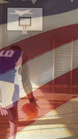 American flag waving against african american male basketball player practicing basketball. sports and fitness concept