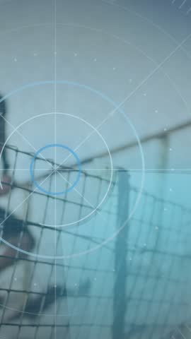 Animation of social media icons over african american male athlete running up steps. global social media, digital interface and sports concept digitally generated video.