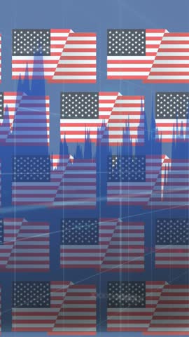 Animation of statistics processing over flags of united states of america. american patriotism, independence and business concept digitally generated video,