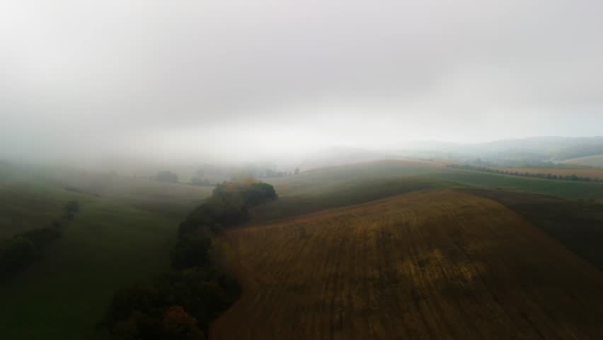 Golden Autumn Trees Above Fog Over French Fields — Soft Reveal Into Mist