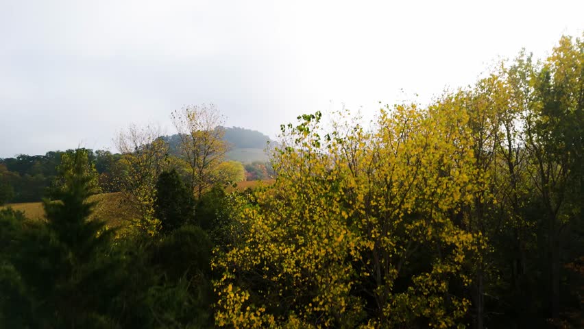 Aerial drone footage rising rotation — clockwise spin over autumn farmland and morning mist