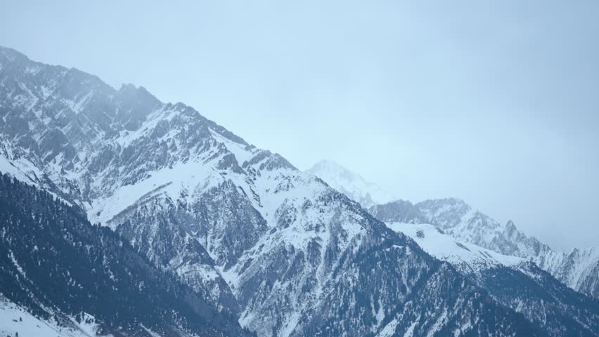 4K Landscape shot of snowy Himalayan mountain peaks during a winter storm as seen from Sonmarg in Jammu and Kashmir, India. Scenic view of snow clad mountain peaks with pine trees on top of them.