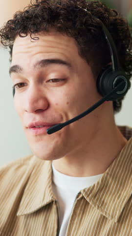 Call center consultant, contact us and man in office for trip reservation, booking holiday or smile. Talk, travel agent or headset for customer support guide, itinerary info or destination advice