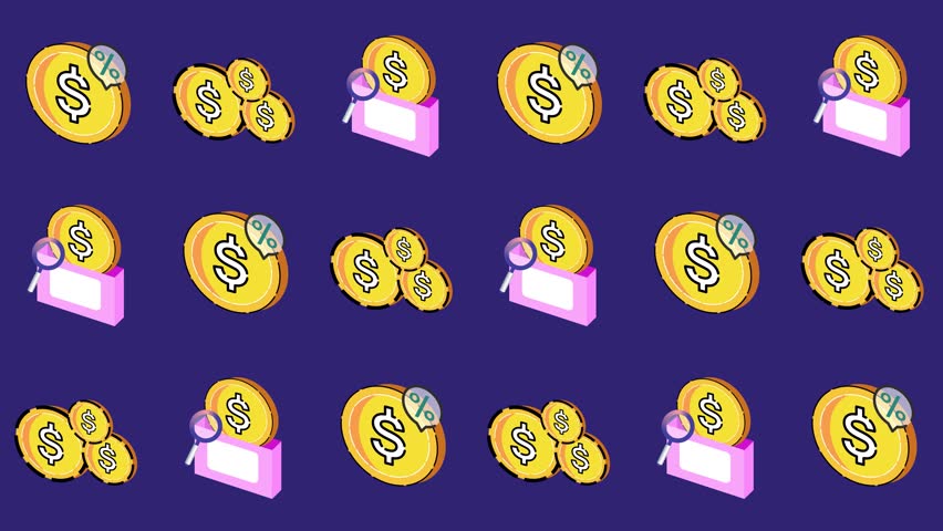 Seamless pattern of isometric dollar coins, discounts, and financial check icons in a tile background animation. Repeating wallpaper of auditing, retail finance, and investment symbols.