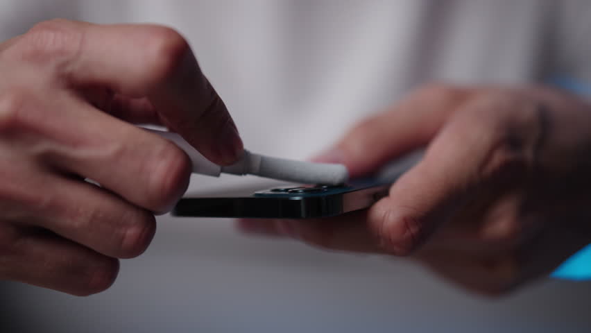 Hand cleaning smartphone camera lens using specialized brush pen, maintaining device hygiene and optimizing mobile phone photography for clear, high-quality images, close-up, slow motion.