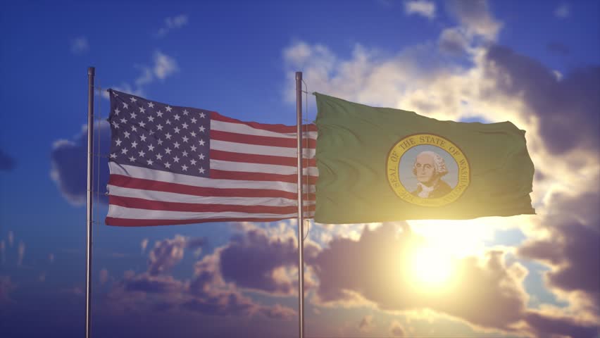 United States and Washington State Flags Waving at Sunset