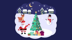 Santa Claus celebrating Christmas in a snowy village, complete with reindeer, festive trees, snowmen, and enticing gifts.cartoon animation - Powered by Shutterstock - Get 15% off with code: PIKWIZARD15