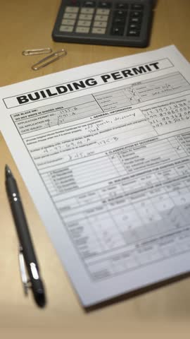 Vertical close-up of a rejected building permit stamped in red ink on a desk with pen and paper clips, symbolizing construction denial or zoning issue. Fictional data. 14914  	
