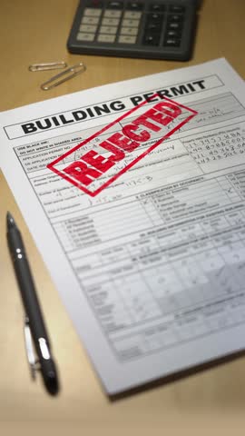 Vertical close-up of a rejected building permit stamped in red ink on a desk with pen and paper clips, symbolizing construction denial or zoning issue. Fictional data. 14914  	