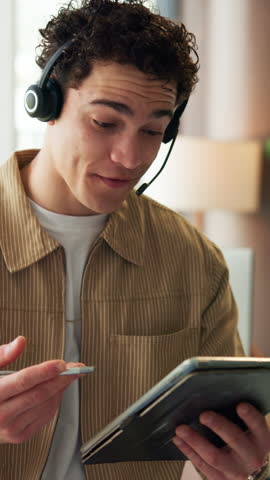 Call center consultant, tablet and man in office for trip reservation, booking holiday or smile. Talk, travel agent and headset for customer support with stylus, vacation guide or advice with tech