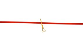 Gold scissors cutting red ribbon animation on white background and green screen. 4K animated scissors cutting ribbon for opening ceremony, event intro, grand opening, and business motion graphics. - Powered by Shutterstock - Get 15% off with code: PIKWIZARD15