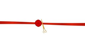 Gold scissors cutting red ribbon animation with flower decoration on white background and green screen. 4K animated scissors cutting ribbon for grand opening, business ceremony, and corporate event. - Powered by Shutterstock - Get 15% off with code: PIKWIZARD15