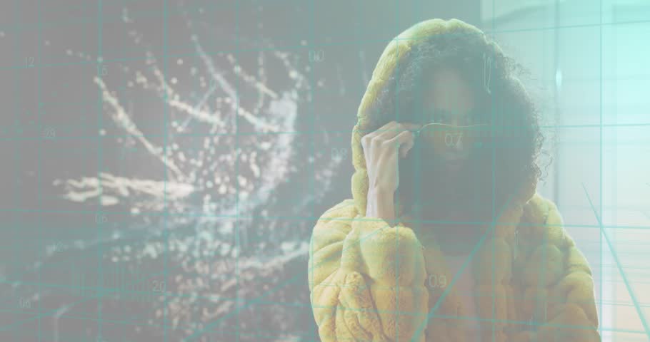 Data wall pulsing during tech demo driving woman adjusting yellow shades aligning gaze with graph. Futuristic, innovation, fashion, technology, confidence, urban, dynamic