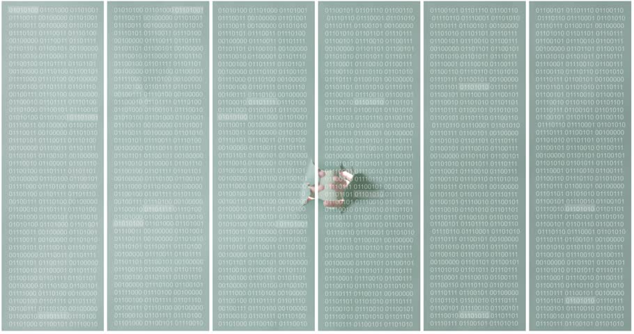 Crouching woman touching binary code curtain, tearing panels open for technology demo. Digital, futuristic, innovation, cybersecurity, matrix, technology, programming